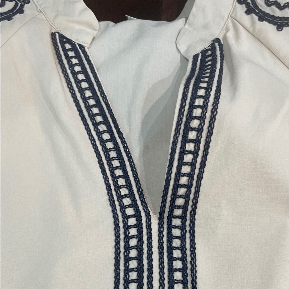 Beige Tiered Embroidered V-Neck Dress with Navy Trim - Picture 7 of 8